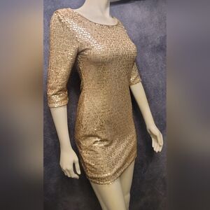 Love Tease Gold Sequin Stretch Lined Party Cocktail Bodycon Dress Sz Medium